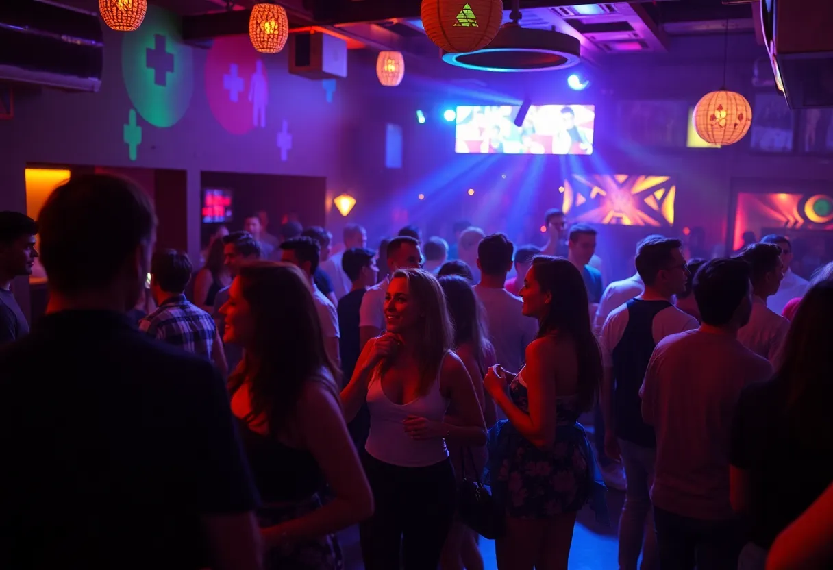 Adults dancing at the Bed By 10pm nightlife event in San Diego.