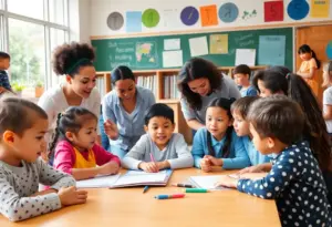 Students and parents collaborating in a San Diego community school.