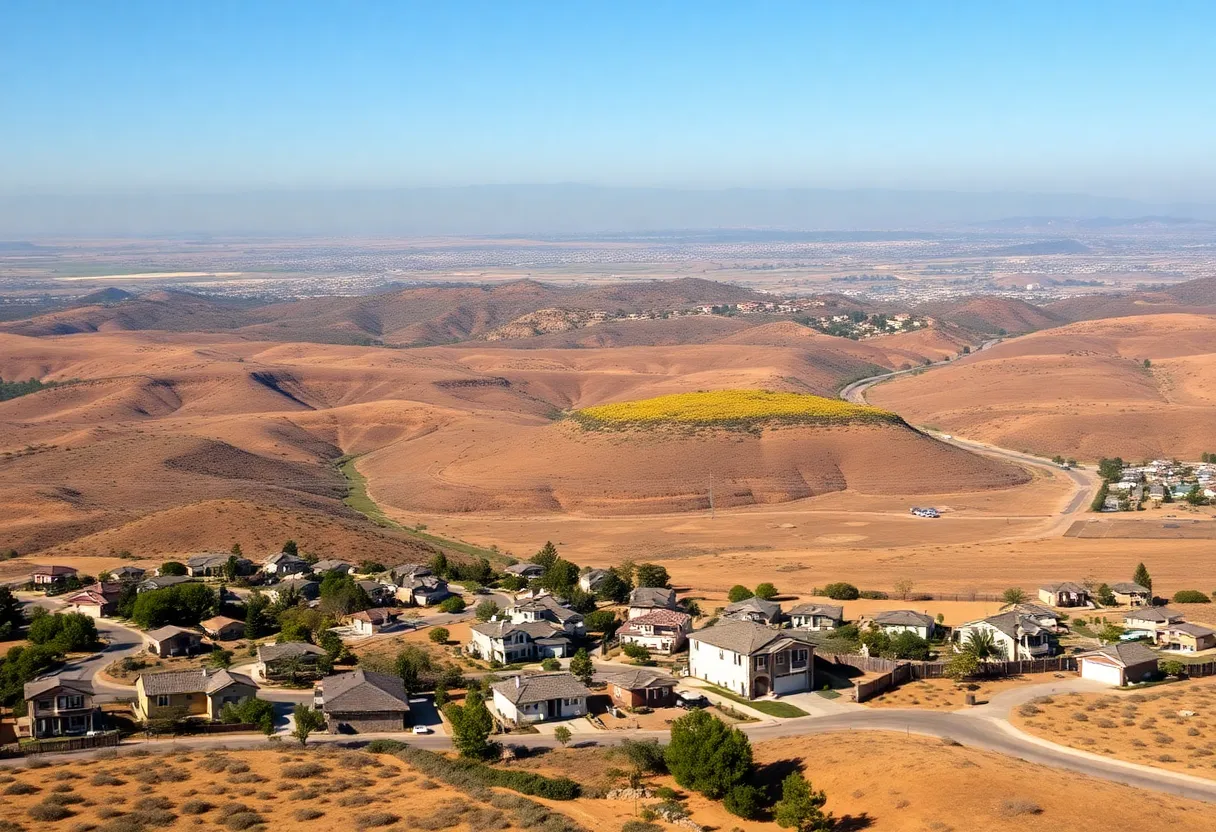 Aerial view of San Diego County highlighting wildfire risk zones and neighborhoods.