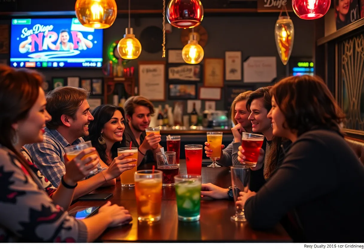 People enjoying drinks at a dive bar in San Diego