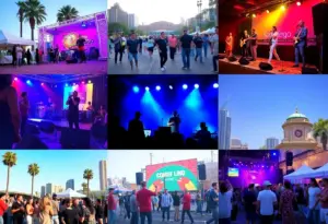 A collage of San Diego events including festivals and concerts.