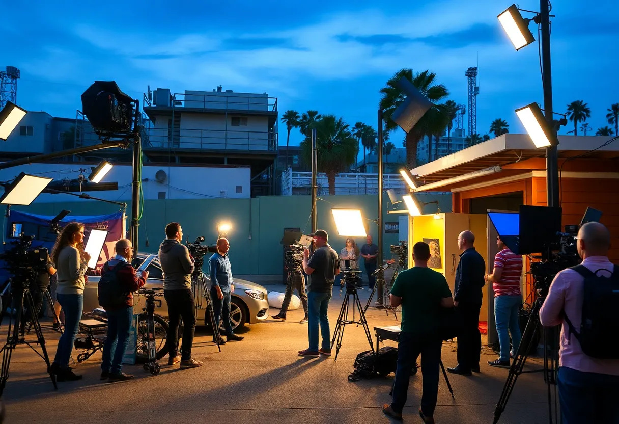 San Diego film production set with crew members and filming activities