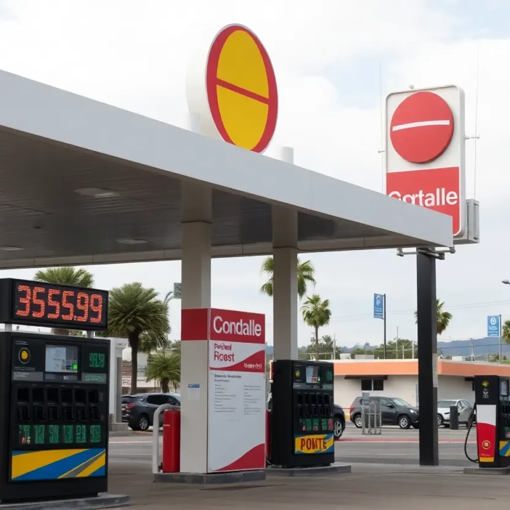 Gas station in San Diego displaying high fuel prices.