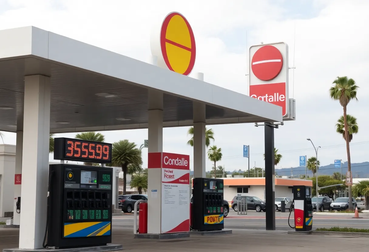 Gas station in San Diego displaying high fuel prices.