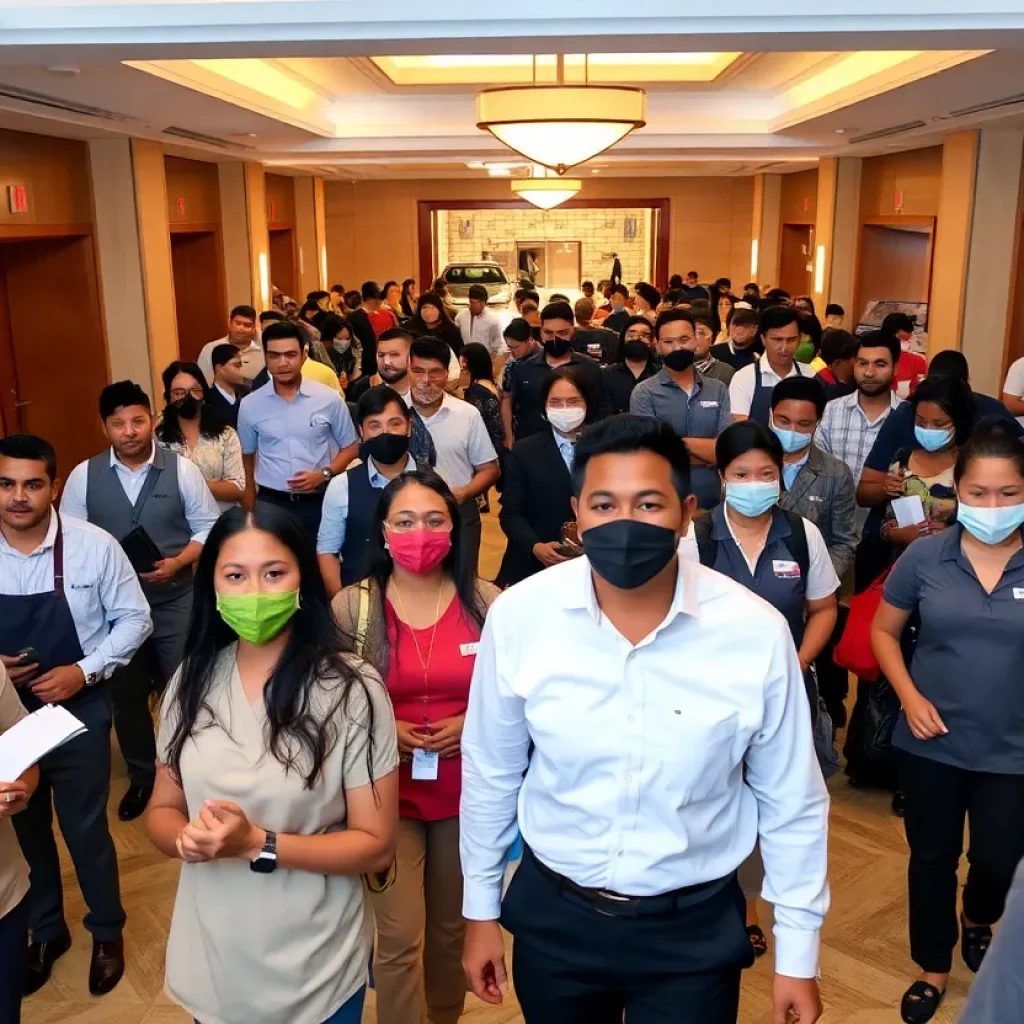 Diverse group of hospitality workers in a busy San Diego hotel