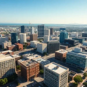 Aerial view of San Diego showcasing city buildings and infrastructure.