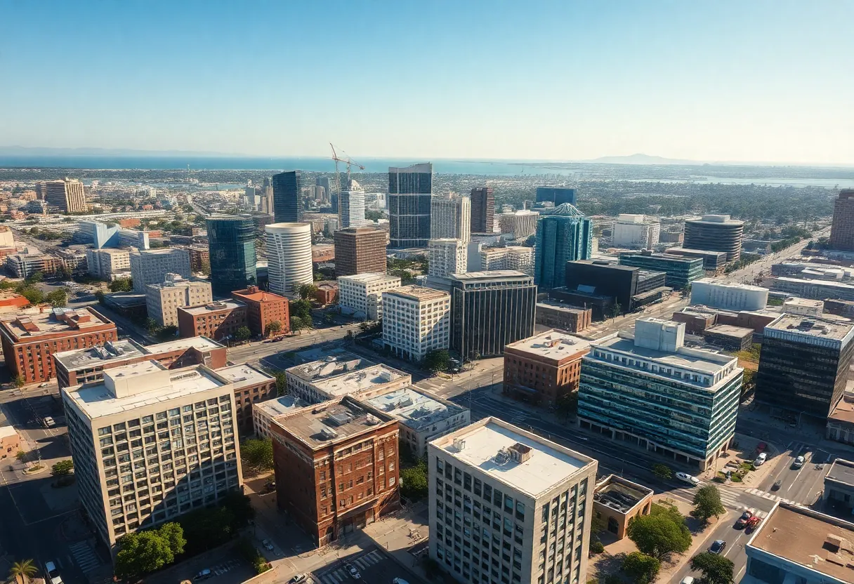 Aerial view of San Diego showcasing city buildings and infrastructure.