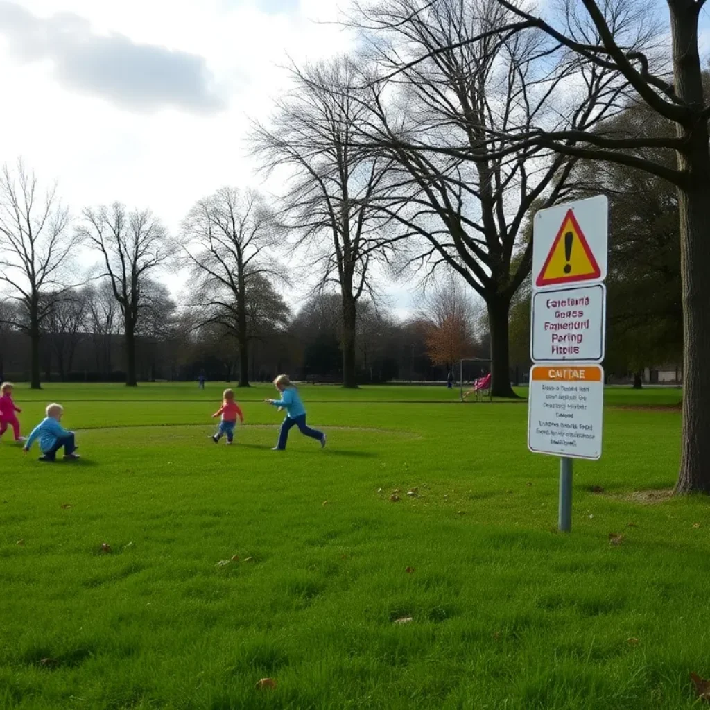 Children playing in a park with caution signs present