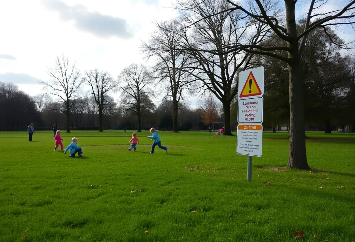 Children playing in a park with caution signs present