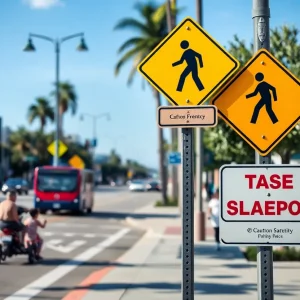 Pedestrian path in San Diego with safety signs
