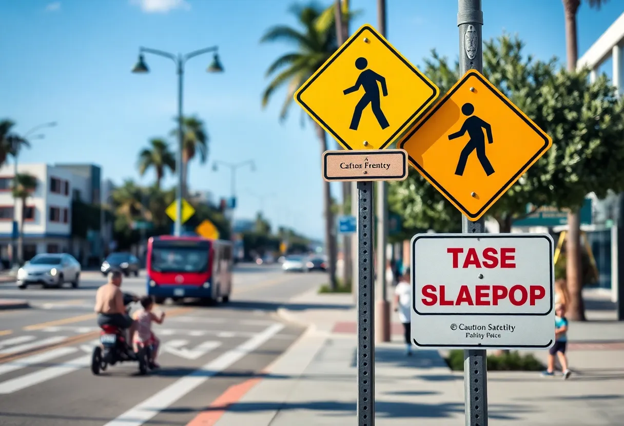 Pedestrian path in San Diego with safety signs