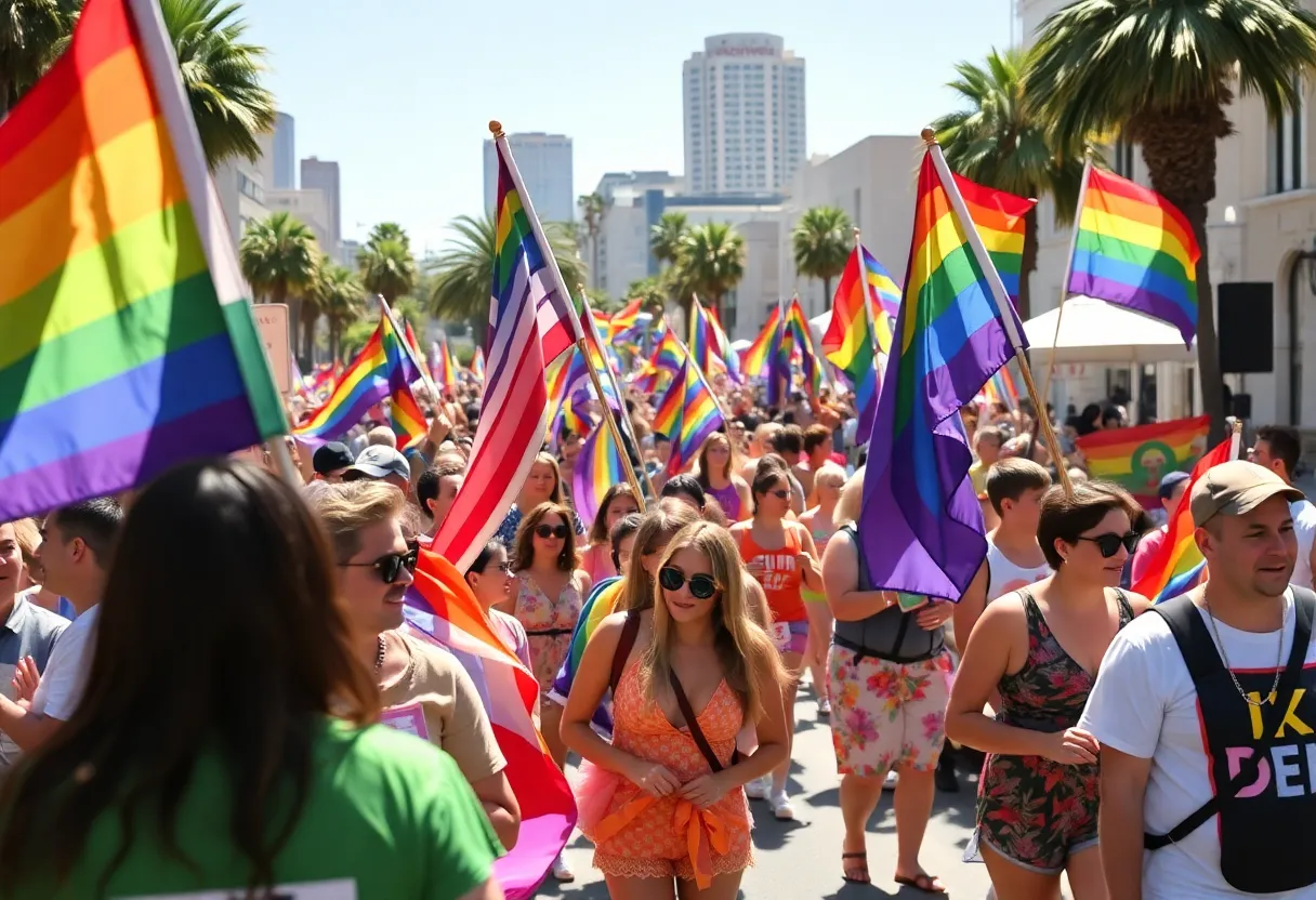 Celebration at the San Diego Pride Festival with colorful banners and diverse crowd.
