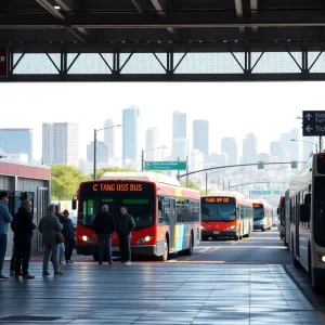 Buses and commuters at a San Diego transit station