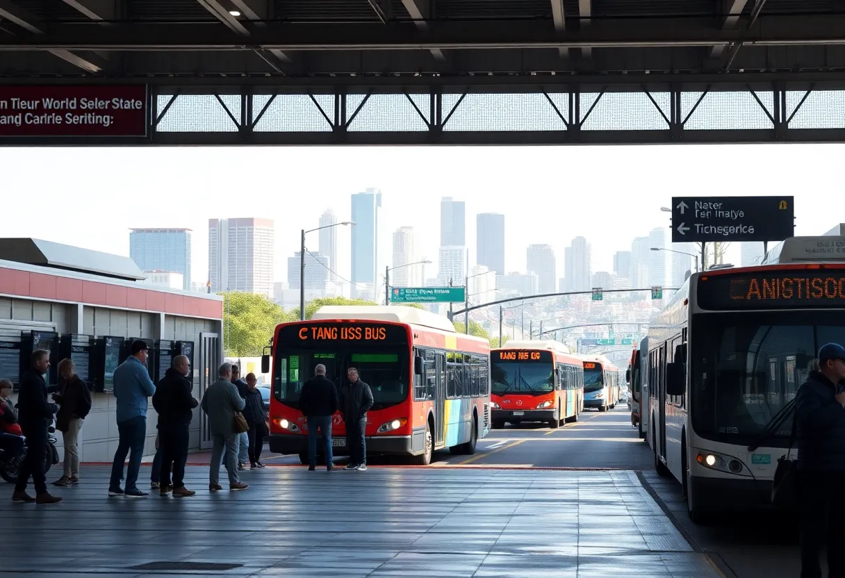 Buses and commuters at a San Diego transit station