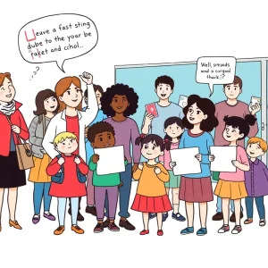 Parents and children rallying against school transition in San Diego.