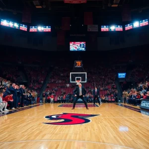 San Diego State basketball court with fans cheering