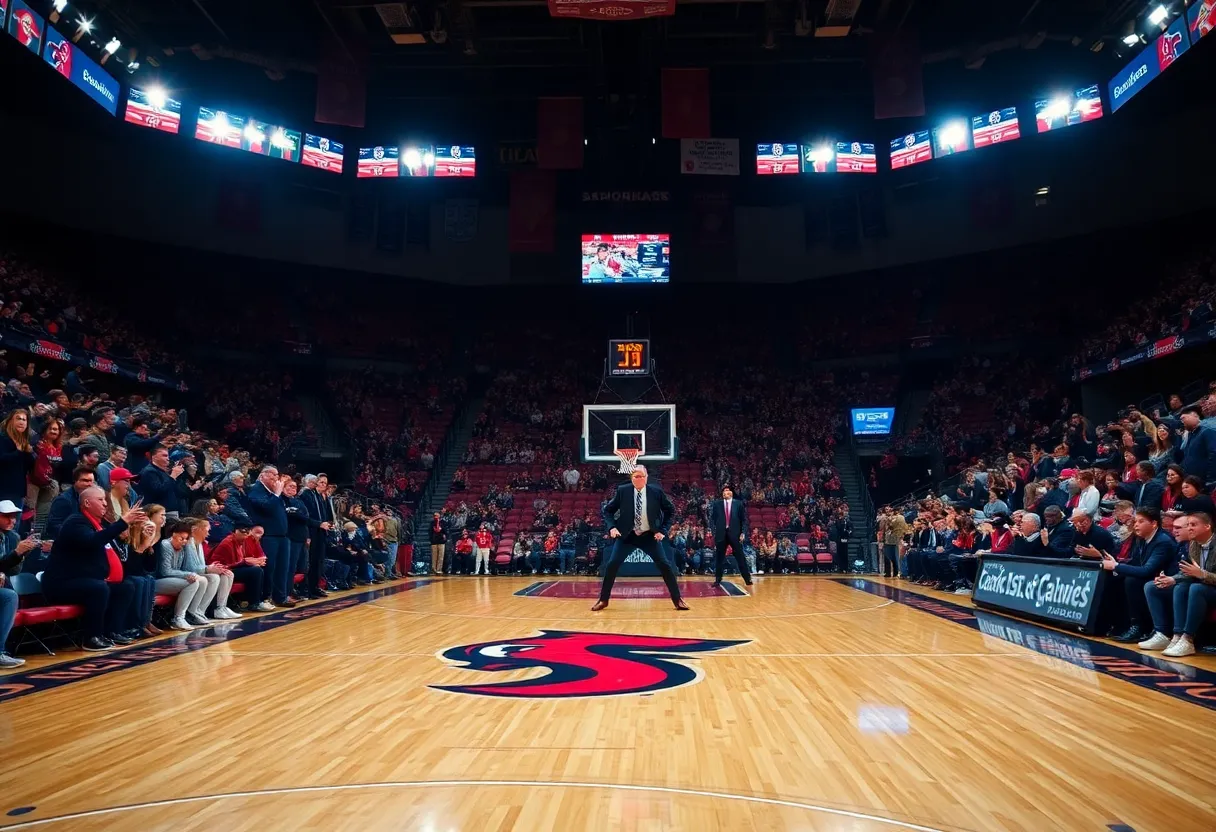 San Diego State basketball court with fans cheering