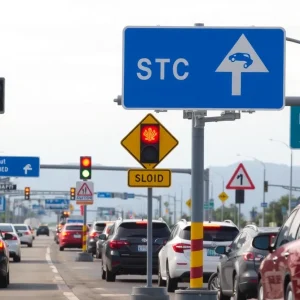 Traffic signs on a busy road in San Diego highlighting safety measures