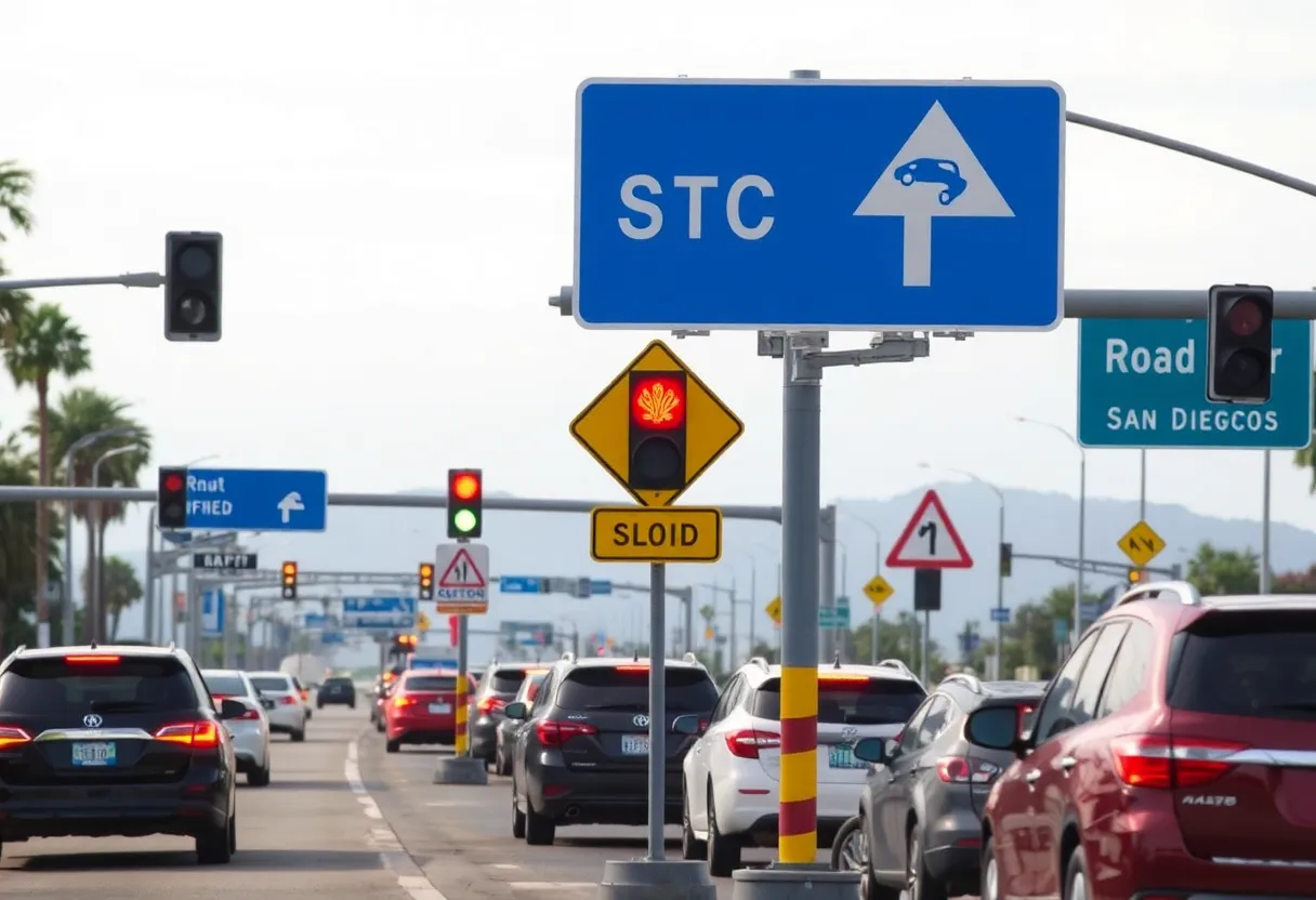 Traffic signs on a busy road in San Diego highlighting safety measures