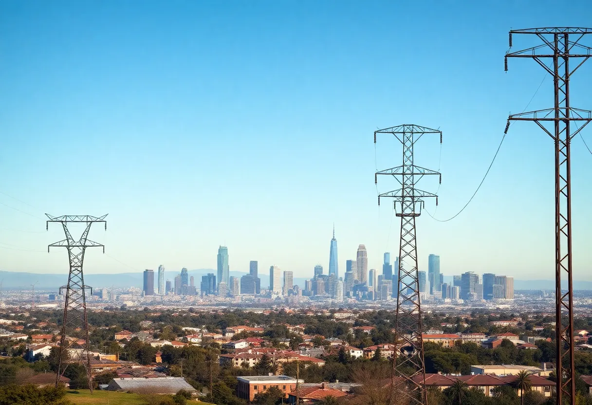 Panoramic view of San Diego skyline with electric utility poles