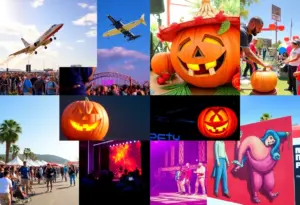 Collage of San Diego events including an airshow, Halloween celebrations, live concerts, and art festivities