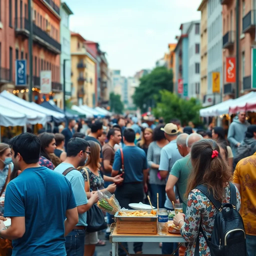 Crowd enjoying the San Diego weekend events with food stalls and live music.