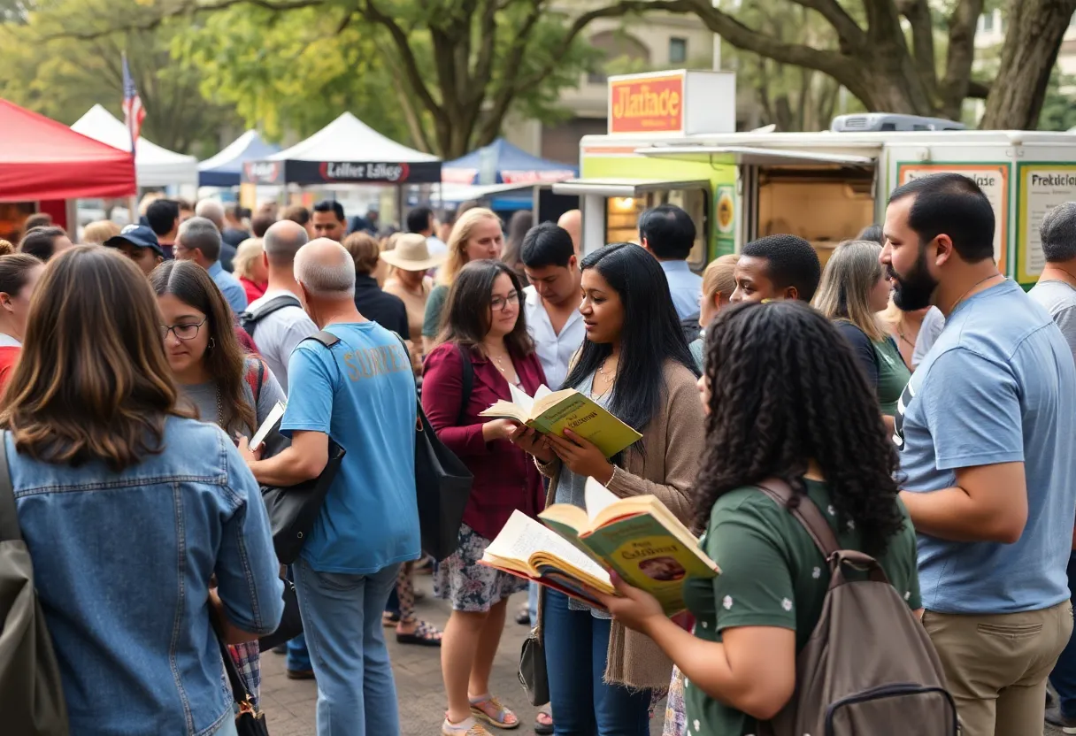 Festival atmosphere at the San Diego Writers Festival with attendees engaging in discussions and workshops.