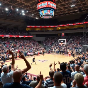 Fans cheering at a San Diego State University basketball game.