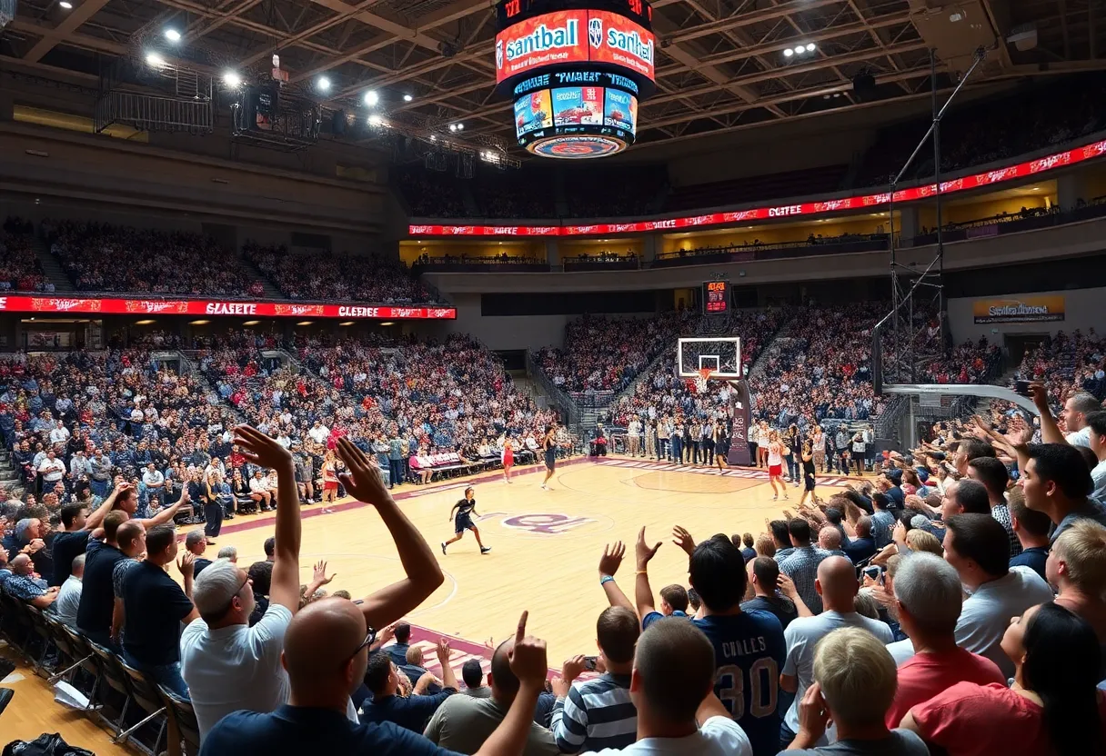 Fans cheering at a San Diego State University basketball game.