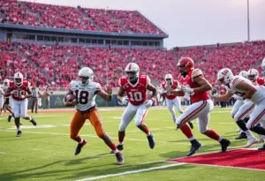 A football game in action featuring SDSU players on the field.