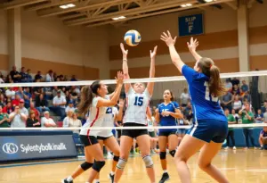 SDSU volleyball players compete during a match.