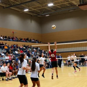 SDSU volleyball team celebrating a victory in a match