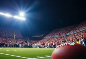 Exciting moment from a college football game showing a close victory celebration.