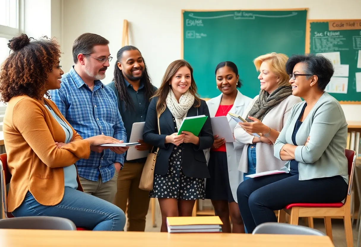 Educators discussing educational policies during a press conference