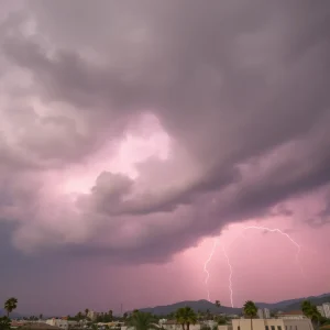 Dramatic sky over Southern California with storm clouds and lightning.
