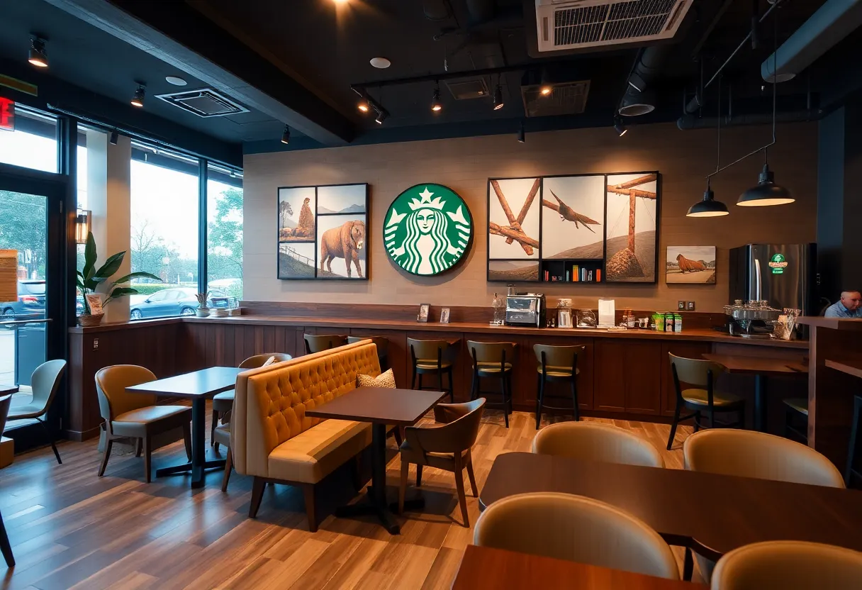 Comfortable Starbucks seating with local artwork.