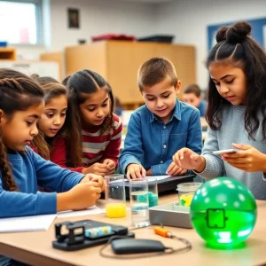 Diverse elementary students participating in hands-on STEM activities in a classroom setting.