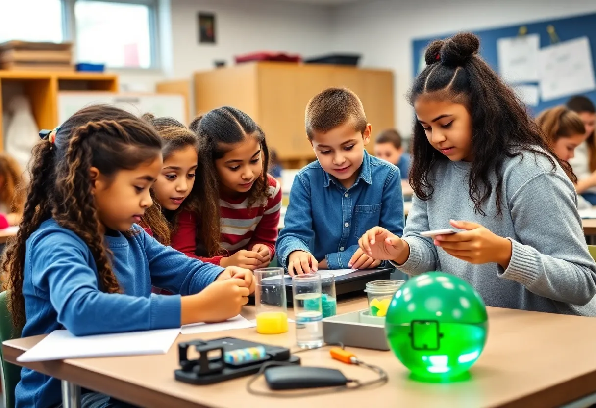 Diverse elementary students participating in hands-on STEM activities in a classroom setting.