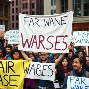 Crowd of supporters advocating for a minimum wage increase at the San Diego City Council meeting.