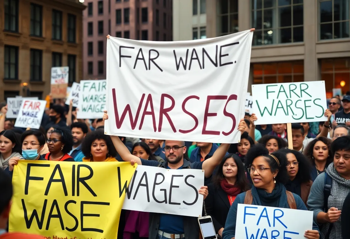 Crowd of supporters advocating for a minimum wage increase at the San Diego City Council meeting.