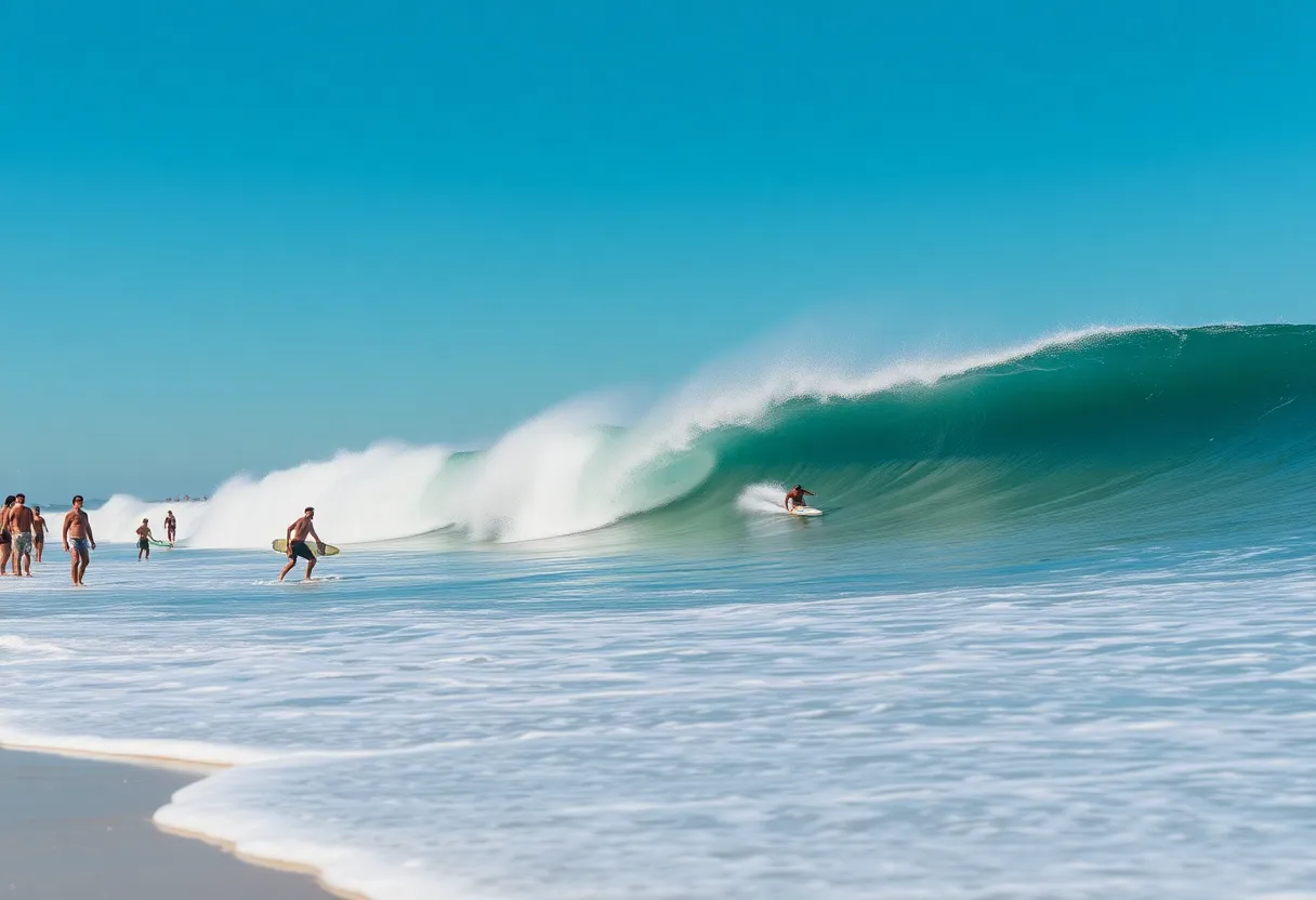 Surfers riding large waves in San Diego beach.