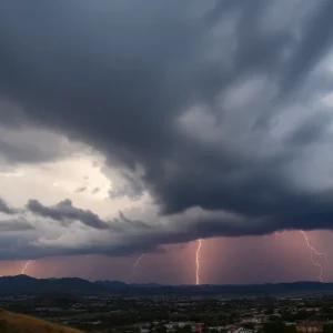 Thunderstorms and dark clouds over San Diego County