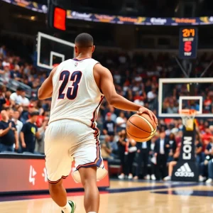 Basketball player performing a dramatic move during a game.