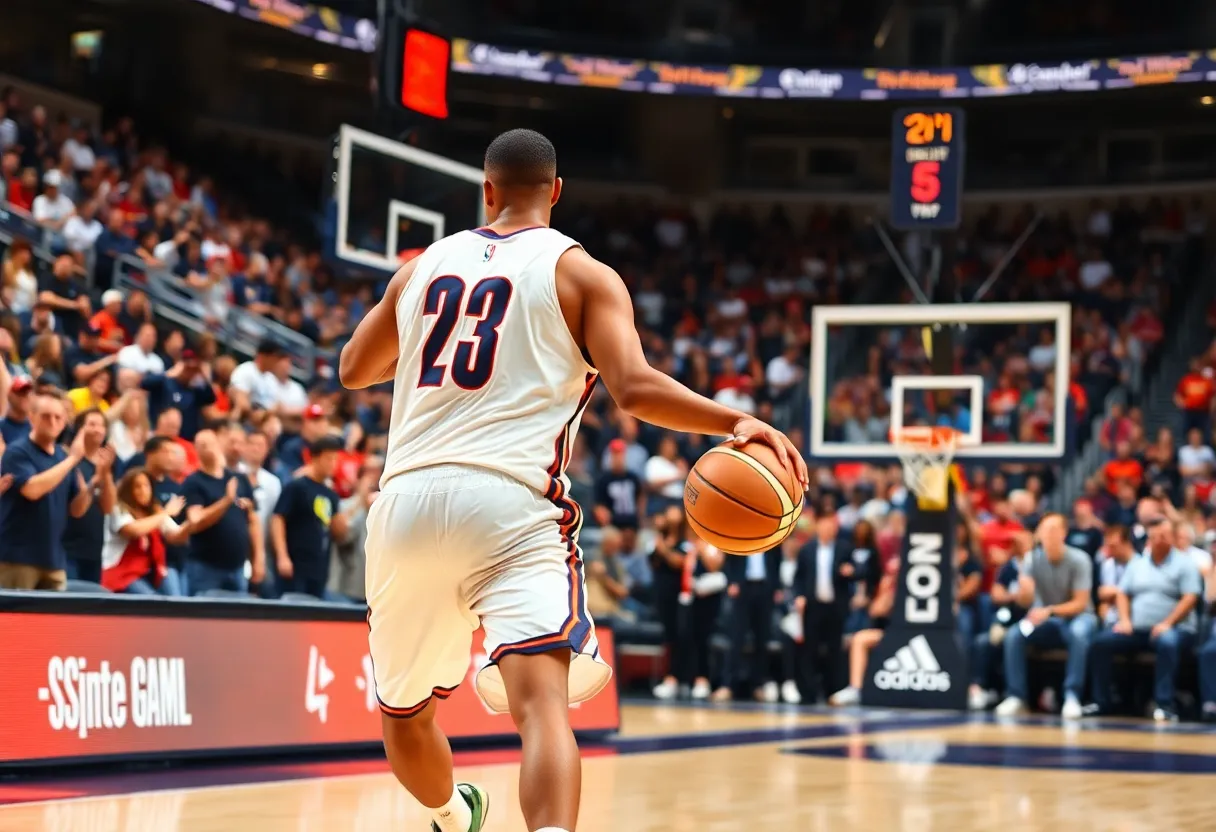Basketball player performing a dramatic move during a game.