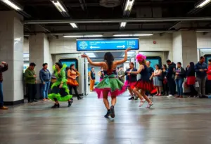 Dancers performing at Trolley Dances event in San Diego transit station