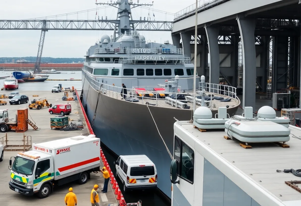 Emergency response teams at USS Harpers Ferry shipyard incident