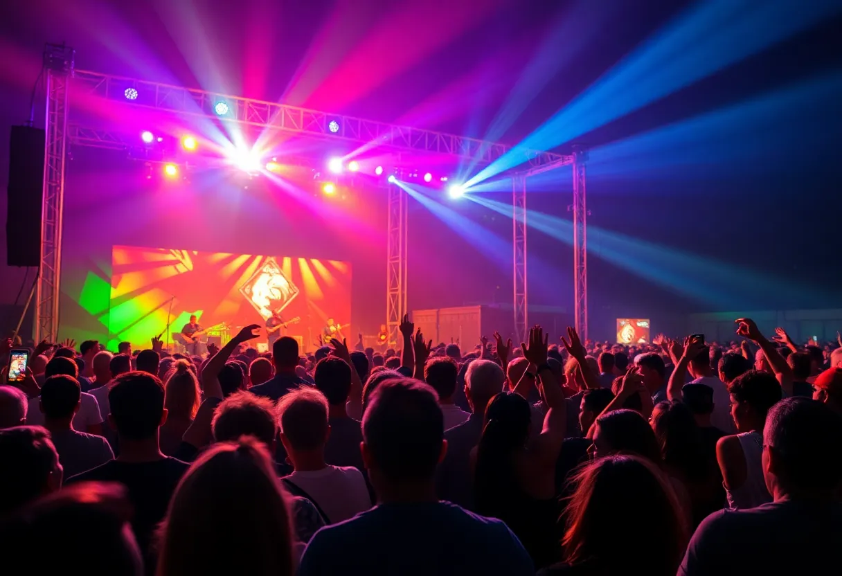 Crowd enjoying the Wild Horses Festival at night with live music.