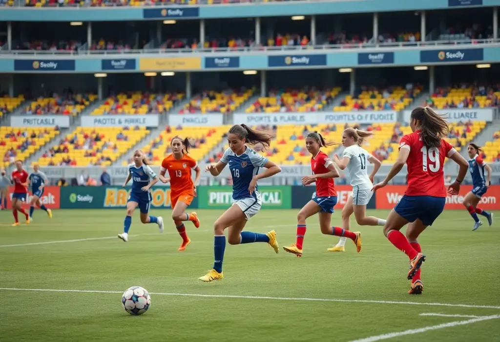 Action shot of a women's soccer match at San Diego State