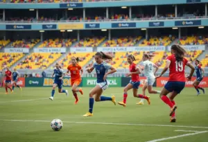 Action shot of a women's soccer match at San Diego State