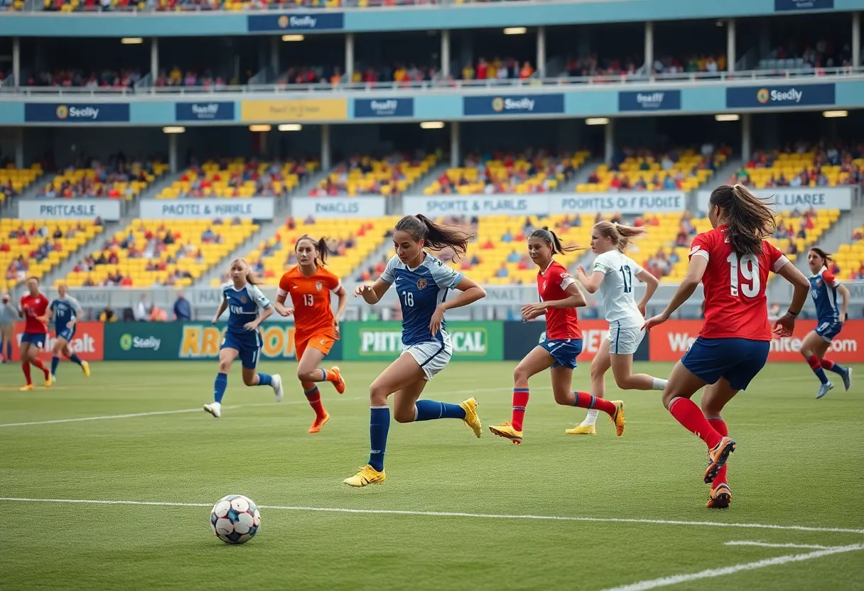 Action shot of a women's soccer match at San Diego State